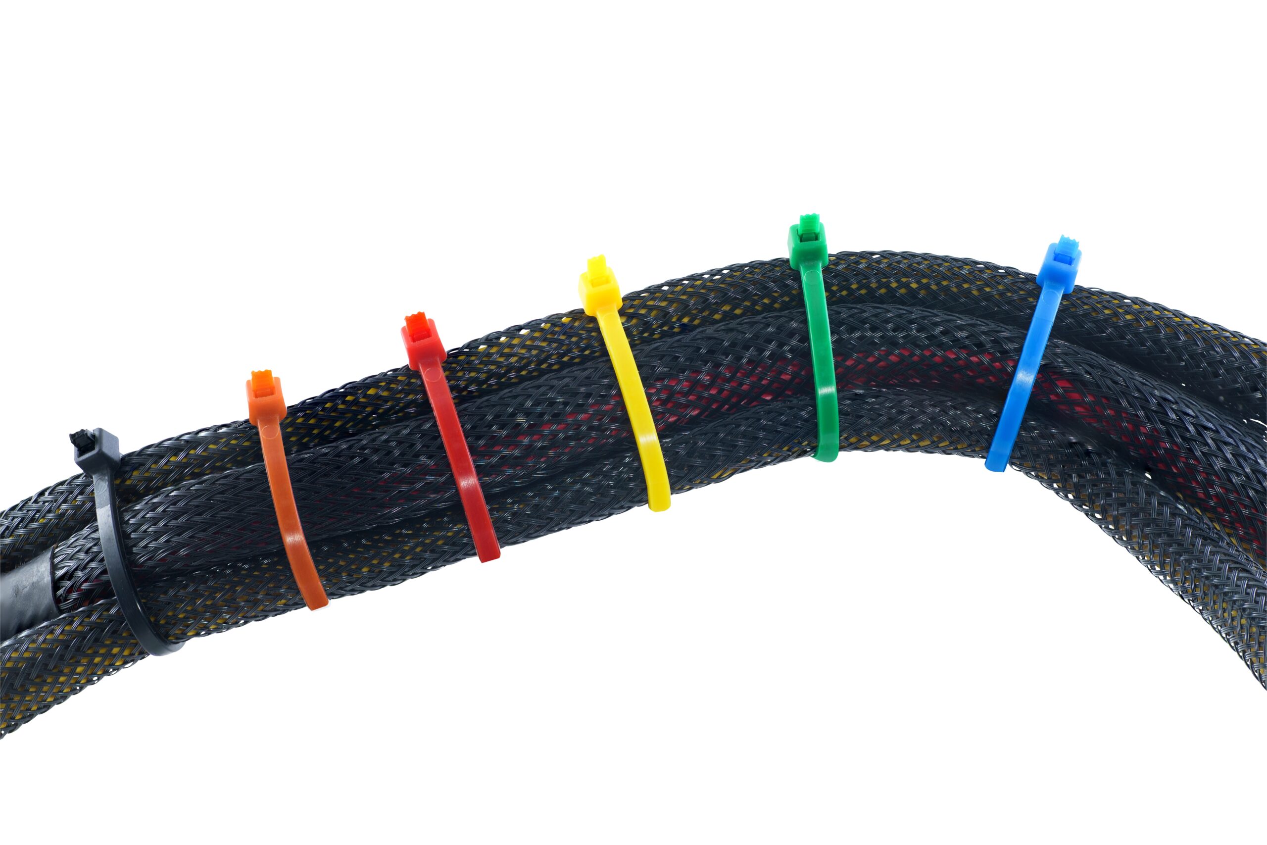 Black,Braided,Wires,Or,Expandable,Sleeving,With,Cable,Ties,Isolated